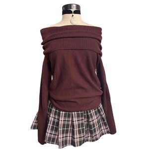 Wool Off Shoulder Cowl Neck Sweater Medium Stretchy Burgundy